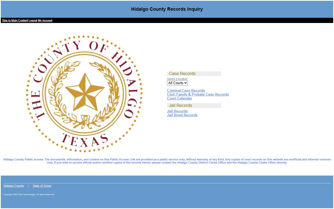 Hidalgo County Criminal Case Records search screen
