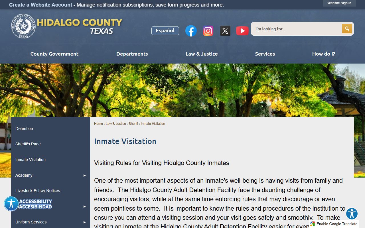 Hidalgo County Adult Detention Facility visitation rules page