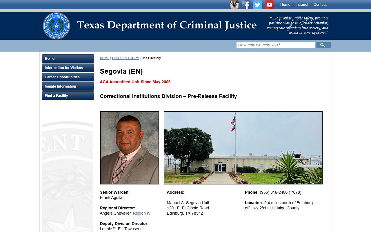 TDCJ Manuel A. Segovia Unit directory page